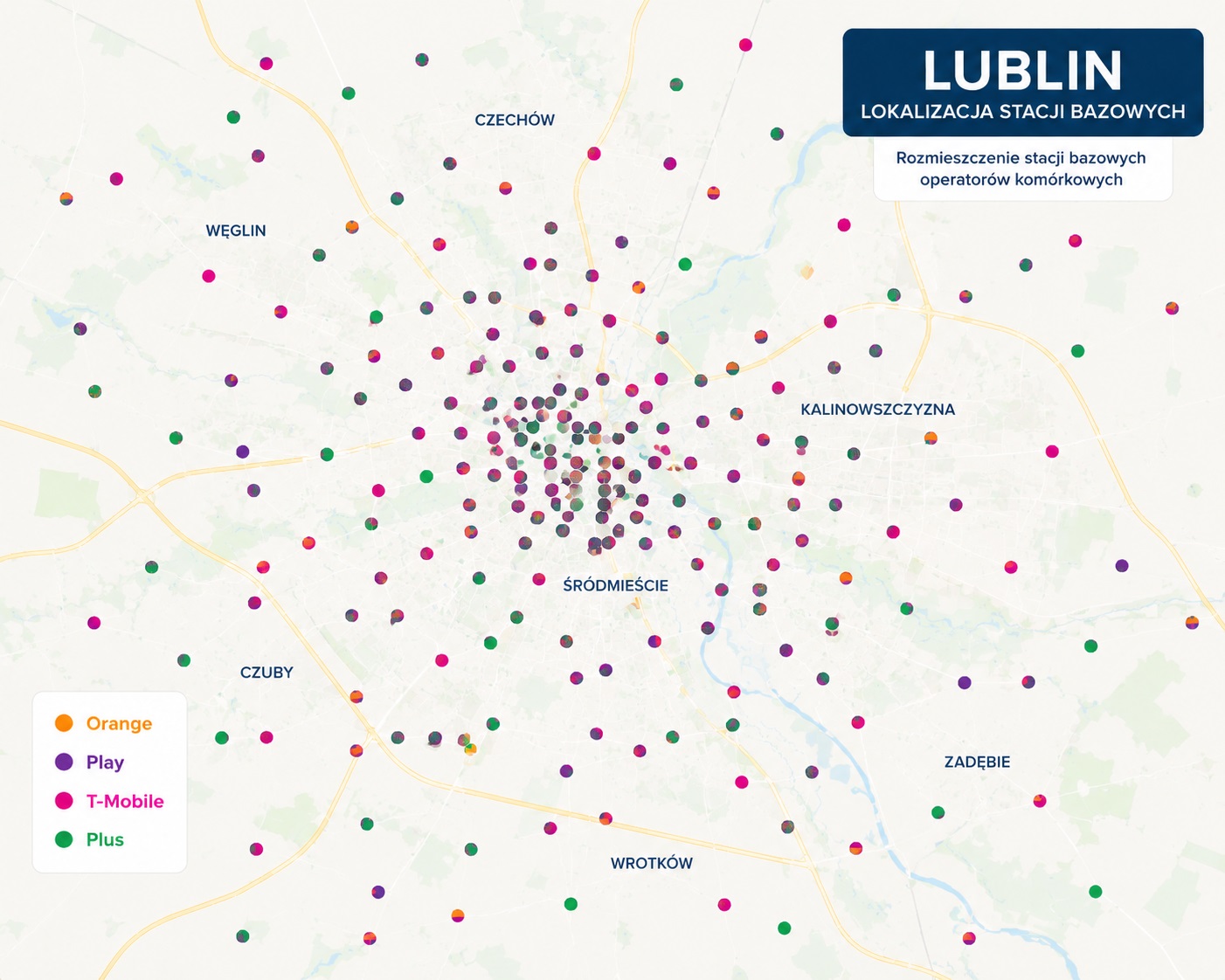 Zasięg sieci komórkowych w Lublinie – infrastruktura BTS