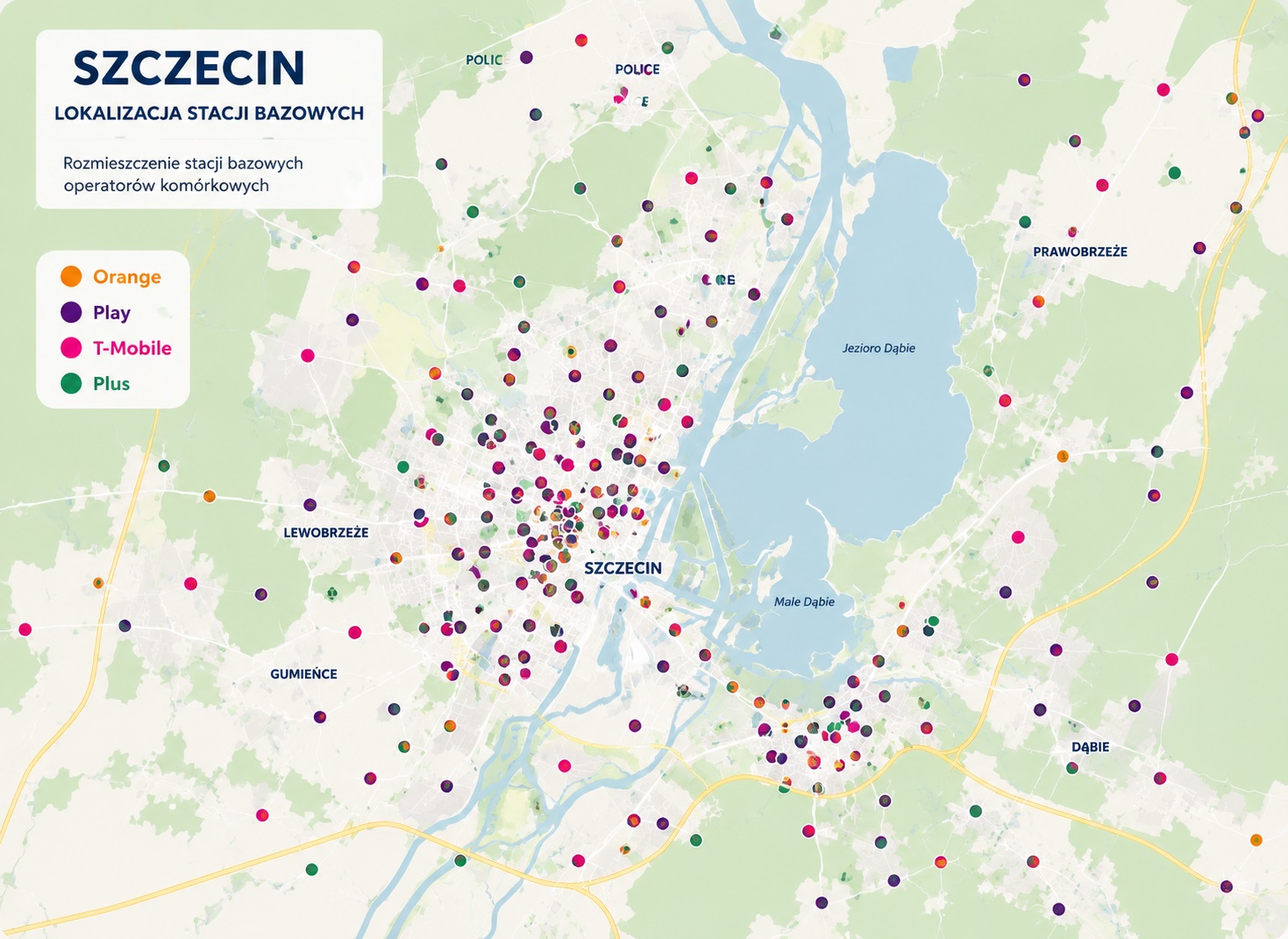 Zasięg sieci komórkowych w Szczecinie – infrastruktura BTS